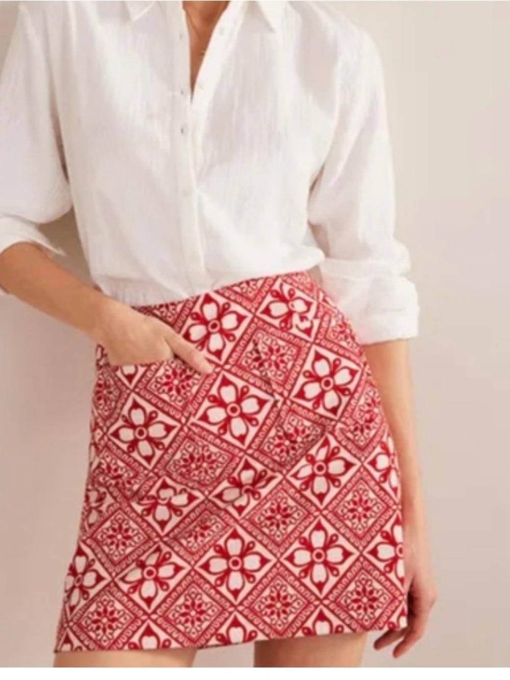 NWT Boden Red White Floral Tile Pattern Textured Cotton A-Line Mini Skirt Size 2